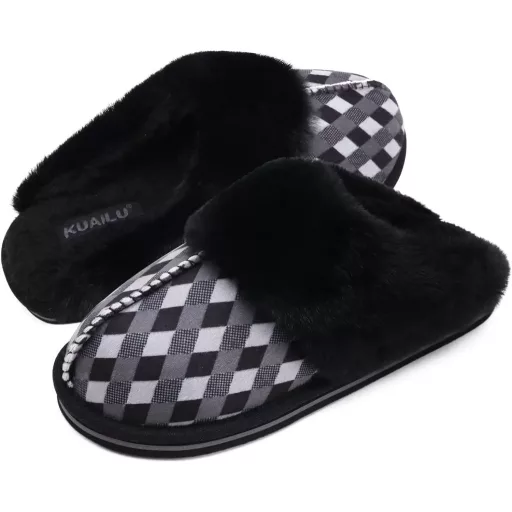 KuaiLu Női Puha Plüss Papucs Zárt Téli Meleg Mamusz Memory Foam Talpbetéttel Csúszásmentes Talp Fekete Kockás Beltéri Kültéri
