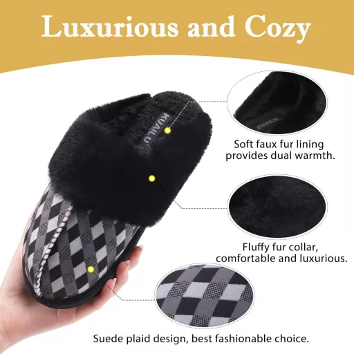 KuaiLu Női Puha Plüss Papucs Zárt Téli Meleg Mamusz Memory Foam Talpbetéttel Csúszásmentes Talp Fekete Kockás Beltéri Kültéri