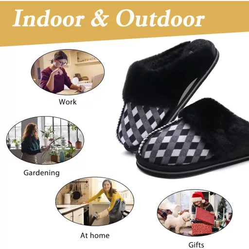 KuaiLu Női Puha Plüss Papucs Zárt Téli Meleg Mamusz Memory Foam Talpbetéttel Csúszásmentes Talp Fekete Kockás Beltéri Kültéri