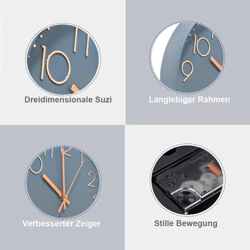 Ceas de perete silențios Chedin 30 cm, mecanism cu cuarț, design modern, gri-auriu roz, pentru copii