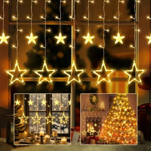 Cortină luminoasă LED Stea Bigzom, 138 LED-uri - 2,4x1m, Lumină albă caldă cu 8 moduri de iluminare - Decor de Crăciun impermeabil pentru fereastră, perete, interior