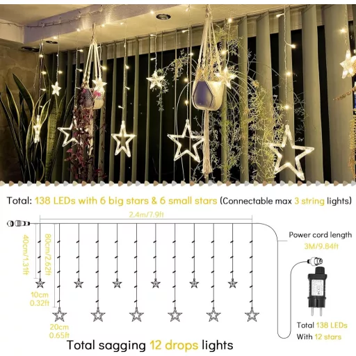 Cortină luminoasă LED Stea Bigzom, 138 LED-uri - 2,4x1m, Lumină albă caldă cu 8 moduri de iluminare - Decor de Crăciun impermeabil pentru fereastră, perete, interior
