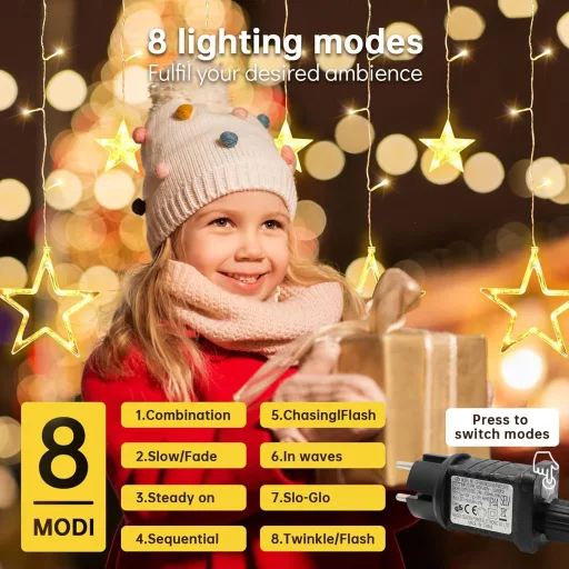 Bigzom LED Csillag Fényfüggöny 138 LED-del - 2,4x1m Meleg Fehér Világítás 8 Fénymóddal - Vízálló Karácsonyi Dekoráció Ablakra, Falra, Beltér