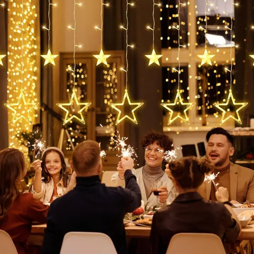 Cortină luminoasă LED Stea Bigzom, 138 LED-uri - 2,4x1m, Lumină albă caldă cu 8 moduri de iluminare - Decor de Crăciun impermeabil pentru fereastră, perete, interior