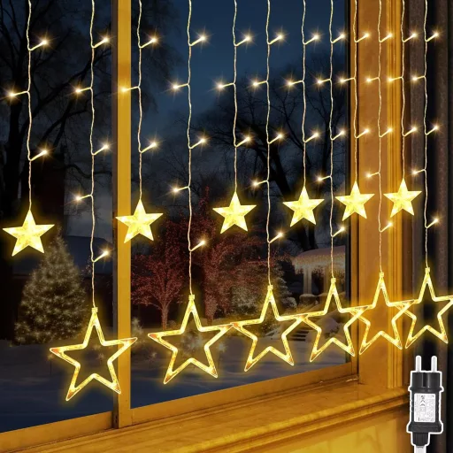 Bigzom LED Csillag Fényfüggöny 138 LED-del - 2,4x1m Meleg Fehér Világítás 8 Fénymóddal - Vízálló Karácsonyi Dekoráció Ablakra, Falra, Beltér
