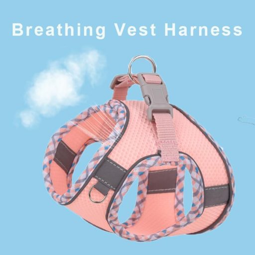 Ham reflectorizant pentru câini Zoenif, ham roz de pisică, mărimea L, cu plasă respirabilă, ajustabil.