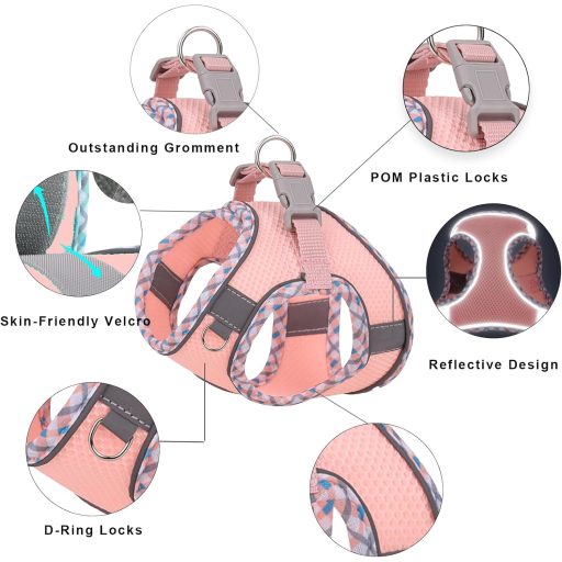 Ham reflectorizant pentru câini Zoenif, ham roz de pisică, mărimea L, cu plasă respirabilă, ajustabil.