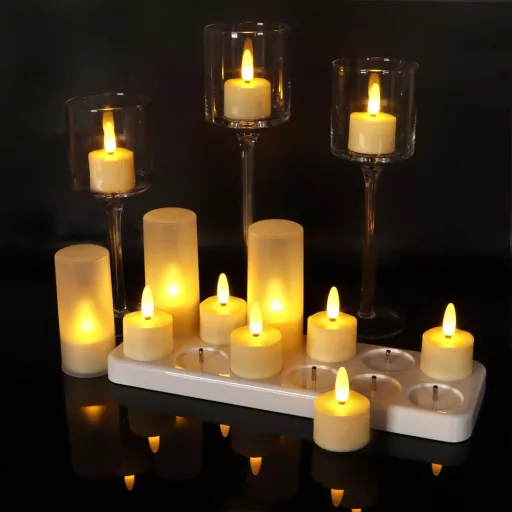 FREEPOWER 12 LED Mécses Újratölthető USB Töltőállomással Távirányító Időzítő Meleg Fehér Fény Gyertya Szett 4x5.5cm