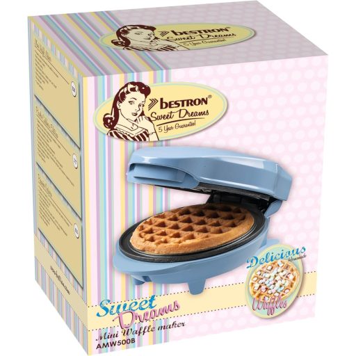 Bestron Mini Gofrisütő Klasszikus Gofrihoz, Antilengő Bevonattal, Retro Kék Design, 550W