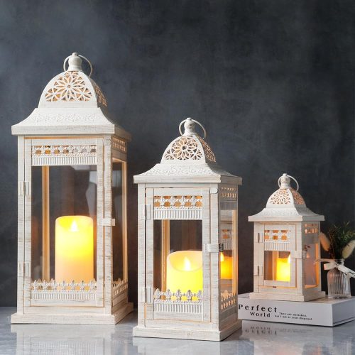 JHY DESIGN Set de 3 felinare pentru lumânări - 51/37/24 cm, felinare metalice suspendate cu inserții de sticlă - suporturi de lumânare crem pentru grădină, decor interior/exterior.
