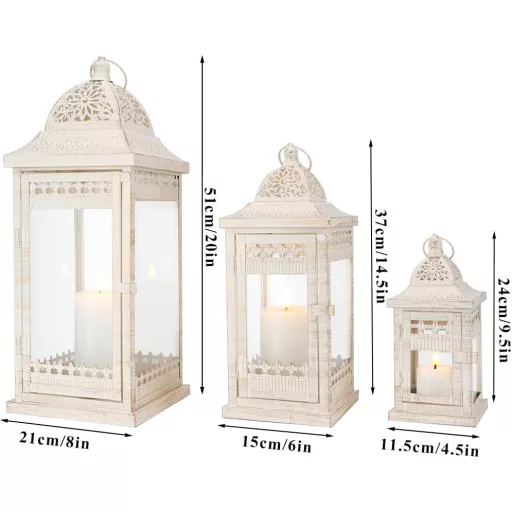 JHY DESIGN 3 db-os Gyertyalámpás Szett - 51/37/24 cm Fém Függő Lámpások Üvegbetéttel - Krémfehér Kerti Gyertyatartó Beltéri/Kültéri Dekoráci