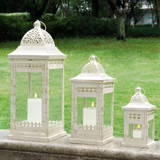 JHY DESIGN 3 db-os Gyertyalámpás Szett - 51/37/24 cm Fém Függő Lámpások Üvegbetéttel - Krémfehér Kerti Gyertyatartó Beltéri/Kültéri Dekoráci