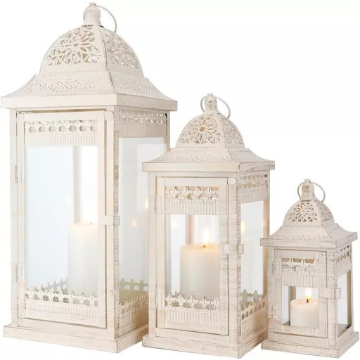 JHY DESIGN Set de 3 felinare pentru lumânări - 51/37/24 cm, felinare metalice suspendate cu inserții de sticlă - suporturi de lumânare crem pentru grădină, decor interior/exterior.