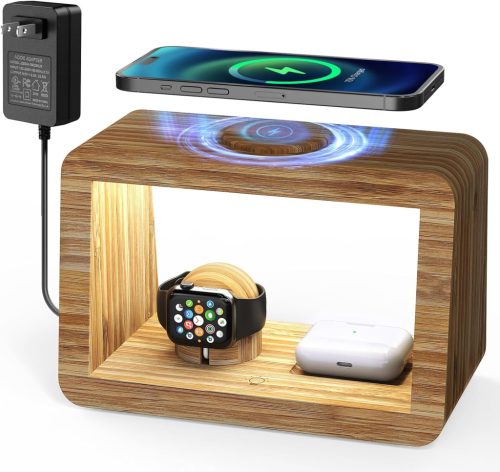 Alltripal 4 az 1-ben Vezeték Nélküli Töltőállomás Éjjeli Lámpával - iPhone, Apple Watch, AirPods Töltő Bambusz Dizájnnal