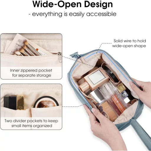 Narwey szürke-kék kozmetikai táska utazáshoz, széles nyílással női sminkhez