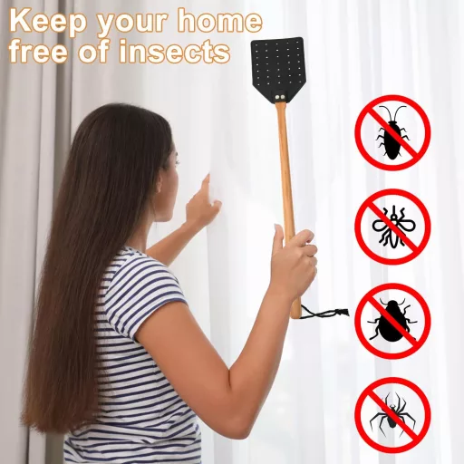 Set de două palete de muște KINBOM cu capete din piele, mâner lung din lemn, instrument durabil de combatere a insectelor pentru utilizare în interior și exterior