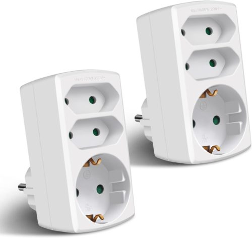 Adaptor prelungitor EXTRASTAR cu 3 prize - 2 Euro + 1 Schuko, cu protecție pentru copii, pentru uz casnic și de birou, alb (2 buc)