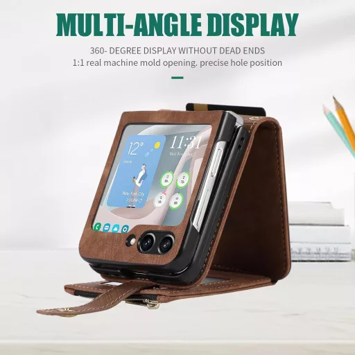 UEEBAI Samsung Galaxy Z Flip 5 5G Bőr Flip Tok 3 Kártyatartóval, Váll- és Csuklópánttal, Állvány Funkcióval - Barna