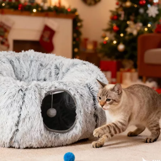 Tunel pentru pisici Odoland cu pat plușat, peșteră pliabilă pentru pisici cu minge