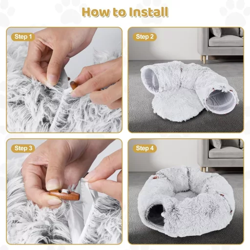 Tunel pentru pisici Odoland cu pat plușat, peșteră pliabilă pentru pisici cu minge