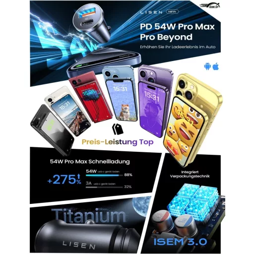 LISEN 54W PD&QC3.0 Autós Szivargyújtó Töltő USB-C Csatlakozóval - Gyorstöltő iPhone és Samsung Készülékekhez, Túlfeszültség Védelemmel