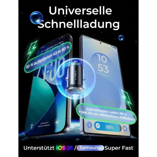 LISEN 54W PD&QC3.0 Autós Szivargyújtó Töltő USB-C Csatlakozóval - Gyorstöltő iPhone és Samsung Készülékekhez, Túlfeszültség Védelemmel