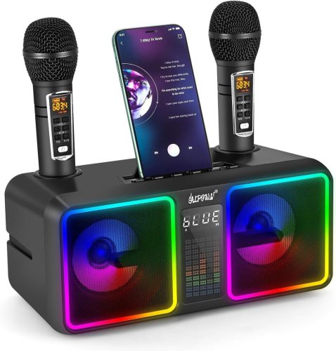 ALPOWL AL001 Karaoke Gép 2 Vezeték Nélküli UHF Mikrofonnal - Hordozható Bluetooth Hangszóró LED Fényekkel Otthoni Partikhoz, Esküvőkre