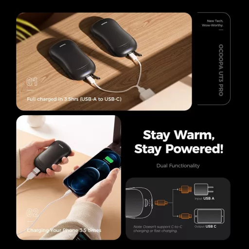 OCOOPA UT3 PRO Elektromos Kézmelegítő Szett, 10000 mAh Powerbank, 4 Hőfokozat, 58°C, Kétoldalas Fűtés, Újratölthető, Ideális Kempinghez, Vad