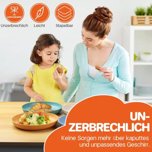 Set de 6 farfurii din plastic FUNYKICH, 23 cm - Ușoare, incasabile, utilizabile în cuptorul cu microunde și mașina de spălat vase, pentru camping și picnic.