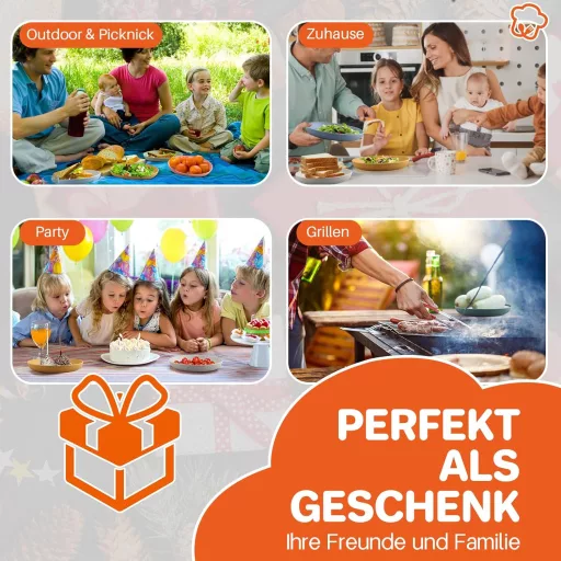 Set de 6 farfurii din plastic FUNYKICH, 23 cm - Ușoare, incasabile, utilizabile în cuptorul cu microunde și mașina de spălat vase, pentru camping și picnic.