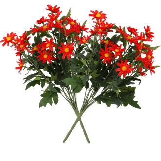   LGEGE Művirág Margaréta 2 Csokor - Piros Dekoráció Asztalra, Ablakpárkányra, Teraszra - 24 Virágfej/Csokor, Kültéri Használatra