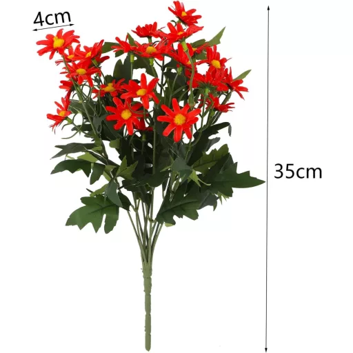 LGEGE Umelý kvet Margaréta 2 Kytice - Červená Dekorácia na Stôl, Okenný parapet, Terasa - 24 Hláv kvetov/Kytica, Na Vonkajšie Použitie