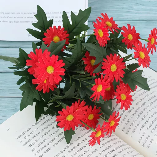 LGEGE Művirág Margaréta 2 Csokor - Piros Dekoráció Asztalra, Ablakpárkányra, Teraszra - 24 Virágfej/Csokor, Kültéri Használatra