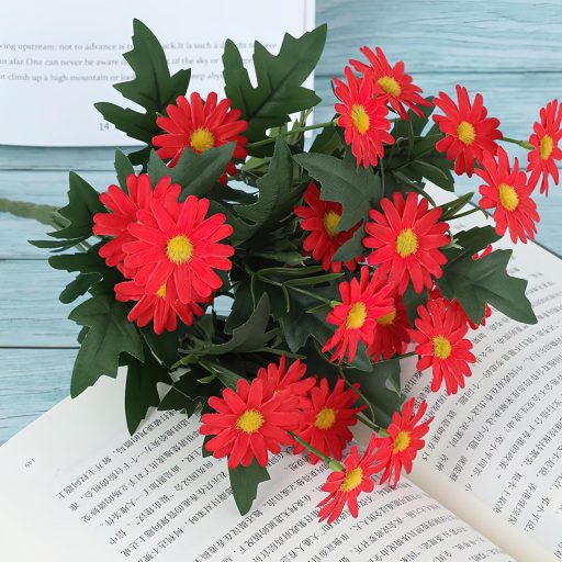 LGEGE Művirág Margaréta 2 Csokor - Piros Dekoráció Asztalra, Ablakpárkányra, Teraszra - 24 Virágfej/Csokor, Kültéri Használatra