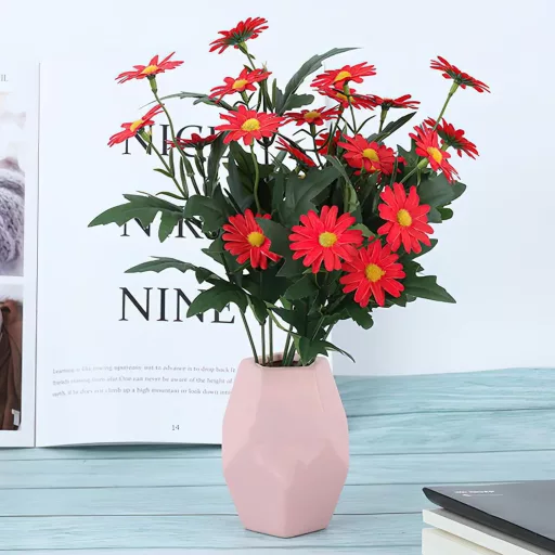 LGEGE Művirág Margaréta 2 Csokor - Piros Dekoráció Asztalra, Ablakpárkányra, Teraszra - 24 Virágfej/Csokor, Kültéri Használatra