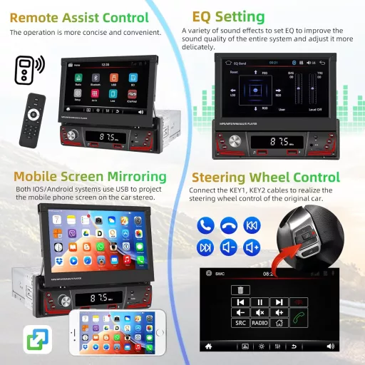 Autoradio auto Podofo 1 DIN cu ecran tactil rabatabil de 7" - Bluetooth, Handsfree, Radio FM, Cameră de marșarier, USB, Comenzi pe volan, Mirror Link