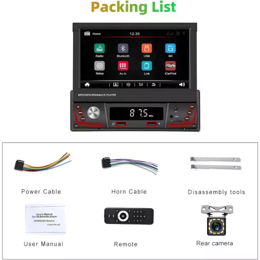 Autoradio auto Podofo 1 DIN cu ecran tactil rabatabil de 7" - Bluetooth, Handsfree, Radio FM, Cameră de marșarier, USB, Comenzi pe volan, Mirror Link