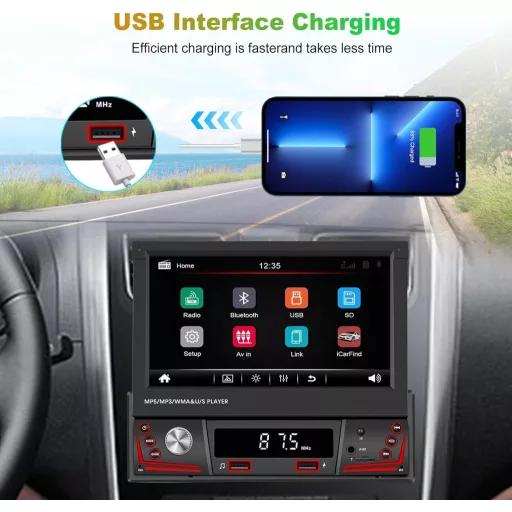 Podofo 1 DIN autorádio so 7" výklopnou dotykovou obrazovkou - Bluetooth handsfree, FM rádio, cúvacia kamera, USB, ovládanie z volantu, Mirror Link