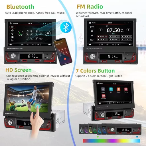 Podofo 1 DIN autorádio so 7" výklopnou dotykovou obrazovkou - Bluetooth handsfree, FM rádio, cúvacia kamera, USB, ovládanie z volantu, Mirror Link