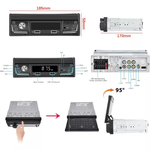 Podofo 1 DIN autorádio so 7" výklopnou dotykovou obrazovkou - Bluetooth handsfree, FM rádio, cúvacia kamera, USB, ovládanie z volantu, Mirror Link