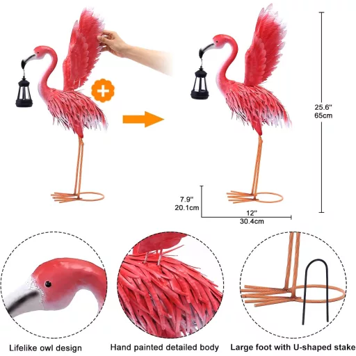 Decorațiune Flamingo de Grădină Yeomoo cu Lampă Solară - Ornament Metalic de Grădină Rezistent la Intemperii cu Iluminare pentru Terasă, Balcon, Cadou