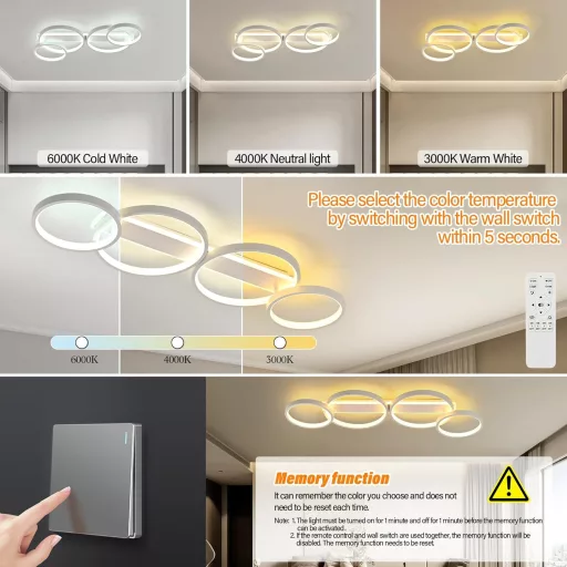 KUKAK Lampă LED de plafon în formă de inel, cu dimmer și telecomandă, 4 becuri, 60W