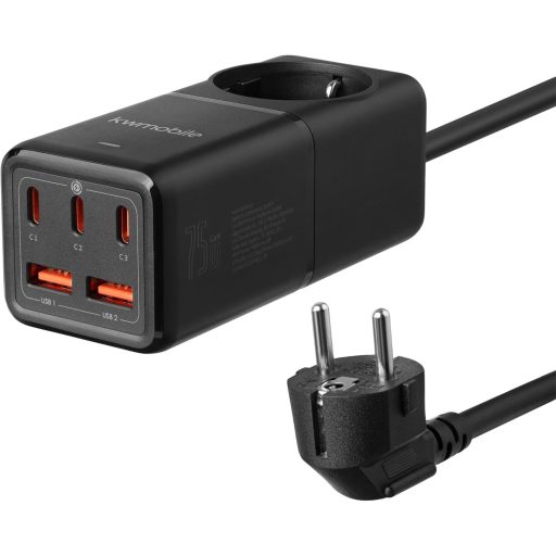 kwmobile Prelungitor cu Încărcător GaN 75W, Porturi USB-A/C și Cablu de 1,5m