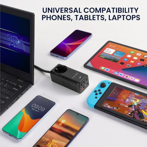 kwmobile Asztali Elosztó 75W GaN Töltővel, USB-A/C Portokkal és 1,5m Kábellel