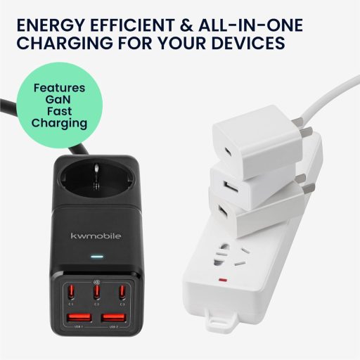 kwmobile Asztali Elosztó 75W GaN Töltővel, USB-A/C Portokkal és 1,5m Kábellel