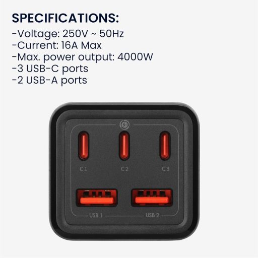 kwmobile Asztali Elosztó 75W GaN Töltővel, USB-A/C Portokkal és 1,5m Kábellel