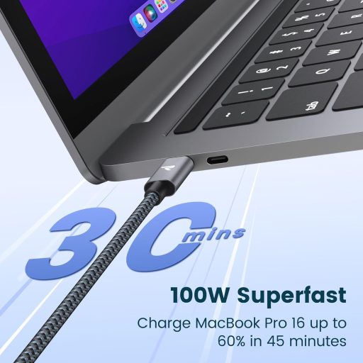 Cablu USB-C RAMPOW 100W, încărcător rapid pentru iPhone 15, MacBook Pro/Air, Samsung Galaxy S23/S22/S21, iPad Pro - 1m gri