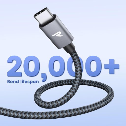 Cablu USB-C RAMPOW 100W, încărcător rapid pentru iPhone 15, MacBook Pro/Air, Samsung Galaxy S23/S22/S21, iPad Pro - 1m gri