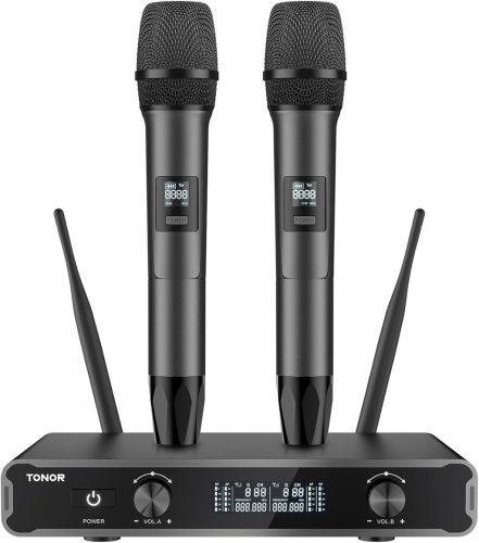 Set Microfoane Wireless TONOR TW450 - Microfon Karaoke Dual cu Raza de Acțiune de 60m, 5 Canale, Unitate Receptor pentru Nuntă, Prezentări, Gri