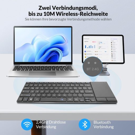 Rii Vezeték Nélküli Billentyűzet Érintőpaddal - 2.4G+Bluetooth Kapcsolat, Német QWERTZ Kiosztás, Ultravékony Dizájn, Kompatibilis Laptop, PC
